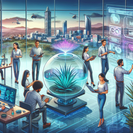 "Grupo de emprendedores en una startup fintech mexicana discutiendo innovaciones en tecnología financiera para transformar el sector agrícola en México."