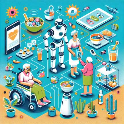 "Robots de asistencia interactuando con personas mayores en un entorno doméstico en Latinoamérica, destacando la innovación tecnológica y el apoyo a la vida cotidiana de los ancianos."