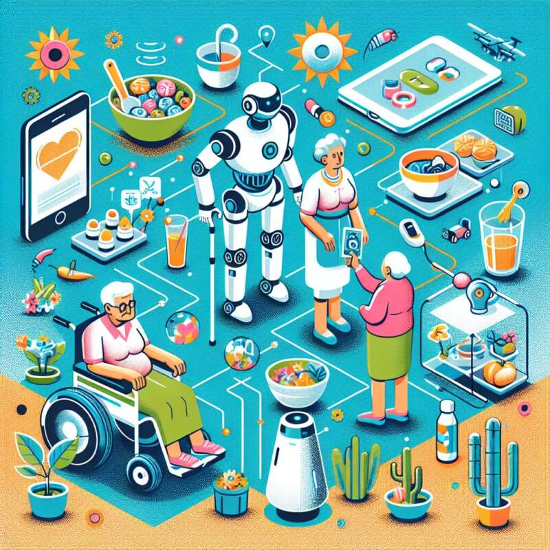 "Robots de asistencia interactuando con personas mayores en un entorno doméstico en Latinoamérica, destacando la innovación tecnológica y el apoyo a la vida cotidiana de los ancianos."