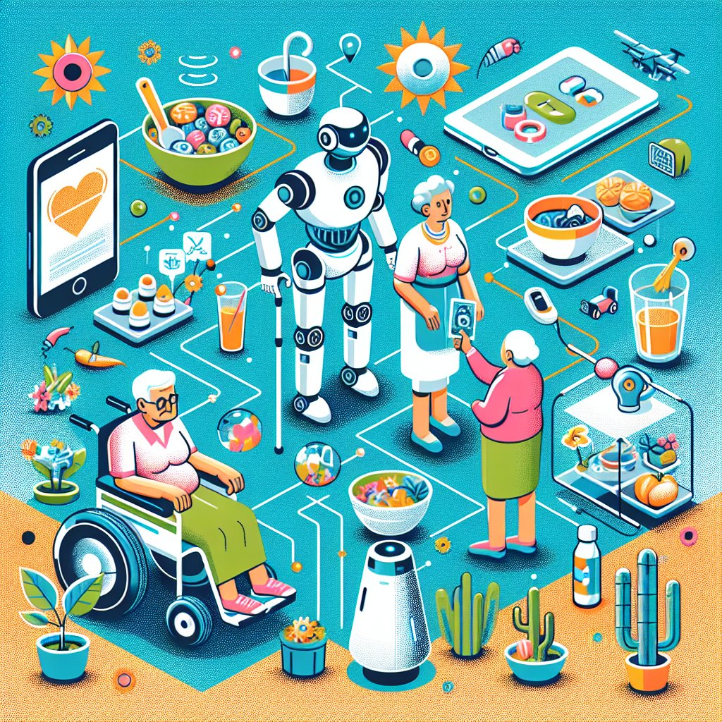 "Robots de asistencia interactuando con personas mayores en un entorno doméstico en Latinoamérica, destacando la innovación tecnológica y el apoyo a la vida cotidiana de los ancianos."