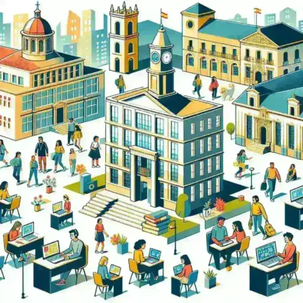 "Alumnos utilizando nuevas plataformas tecnológicas gratuitas en un centro educativo español en septiembre, como parte de la iniciativa para modernizar la educación en España."