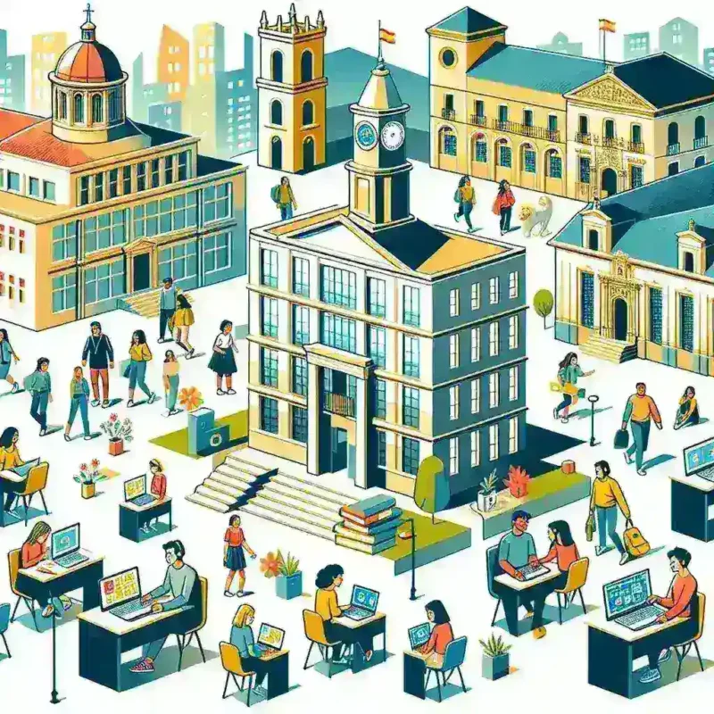 "Alumnos utilizando nuevas plataformas tecnológicas gratuitas en un centro educativo español en septiembre, como parte de la iniciativa para modernizar la educación en España."