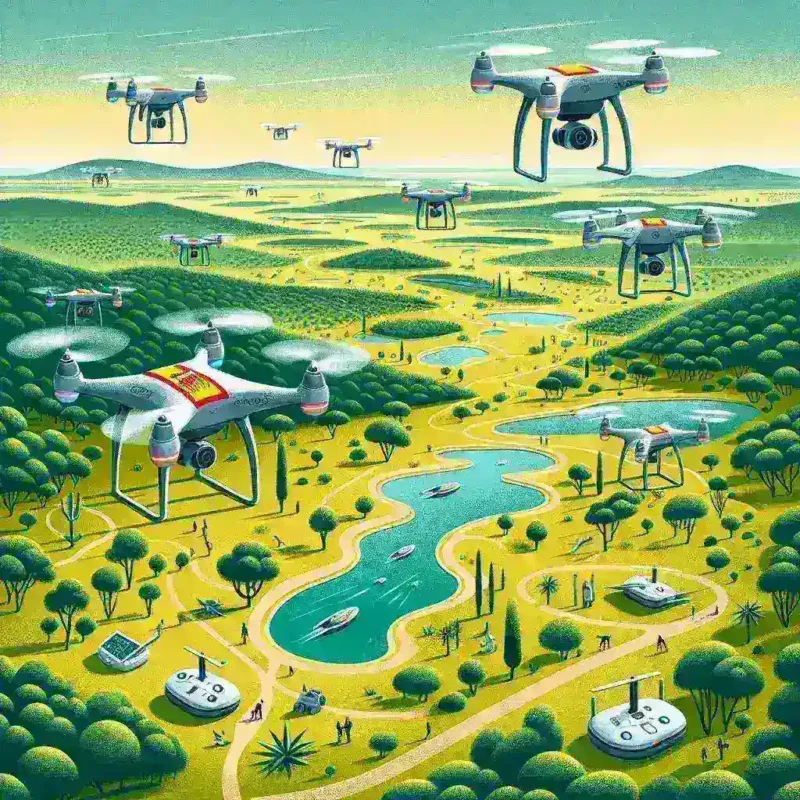 "Drone autónomo de empresa española en acción, realizando vigilancia en un parque natural español para proteger la fauna y flora."