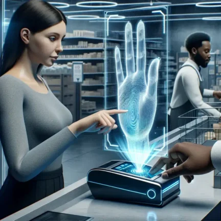 "Prueba de pagos biométricos en Amazon España: cliente utilizando su palma de la mano para realizar un pago en tienda con tecnología avanzada de reconocimiento biométrico."