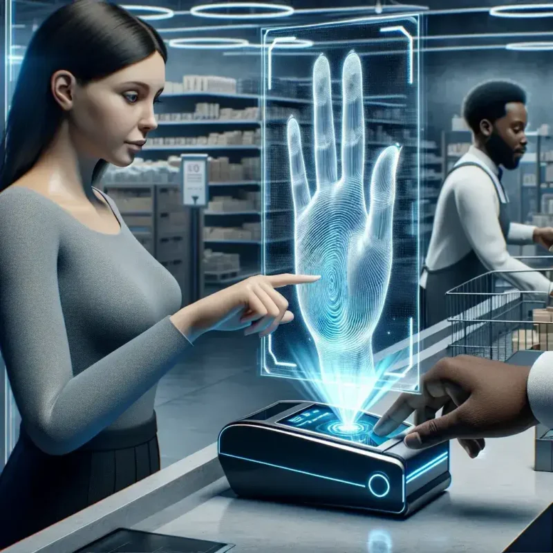 "Prueba de pagos biométricos en Amazon España: cliente utilizando su palma de la mano para realizar un pago en tienda con tecnología avanzada de reconocimiento biométrico."