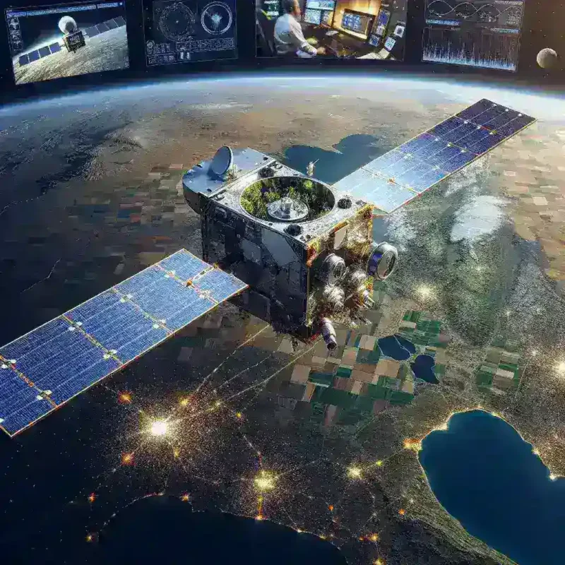 "Imagen de un satélite de bajo coste diseñado por un consorcio español, destacado en un artículo sobre innovación en tecnología agrícola y observación de cultivos."